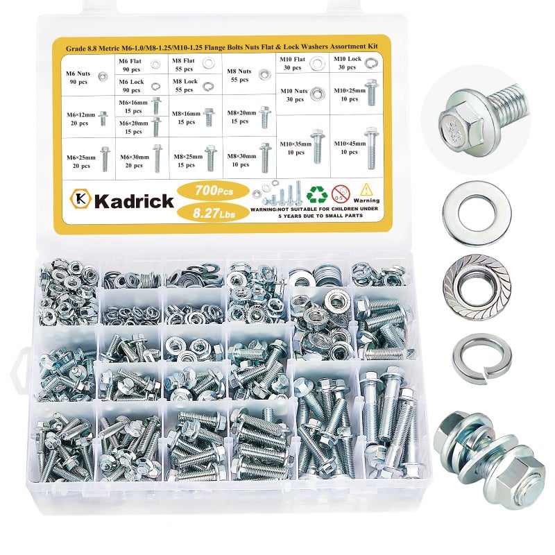 Kadrick 700Pcs Grade 8.8 Metric Bolt Assortment, M6 M8 M10 Flange Hex Heavy Duty Bolts and Nuts Kit,M6 x1.0 M8 x1.25 M10-1.25 (12mm to 45mm),Eco-Friendly Zinc Plated - Image 1